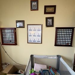 Pair of Vintage golf ball wooden designer mahogany cases glass front wall hanger clubhouse style. 81 brand new balls in each.