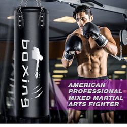 Heavy Boxing Bag for Adults & Youth, Non Tear Leather Boxing Equipment, Adjustable Wall Bracket Ceiling Hook Chain, 4ft Workout MMA 200 Pound Boxing B