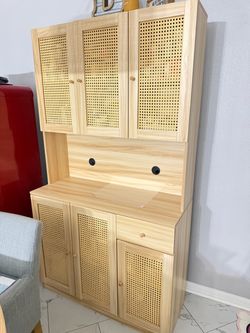 Tall Wood and Rattan Cabinet with Hutch