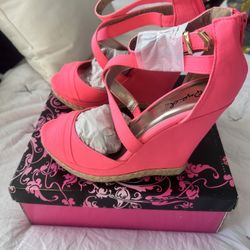 Wedge Neon Pink Fabric Women’s Shoes 6 1/2