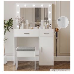 Vanity Desk With Mirror And Power Socket, White