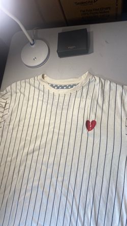 Pinstripe T-Shirt with Broken Heart Embroidery