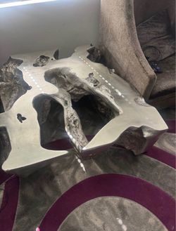 Silver Metallic Root Base Coffee Table – Unique Sculptural Wood Slab