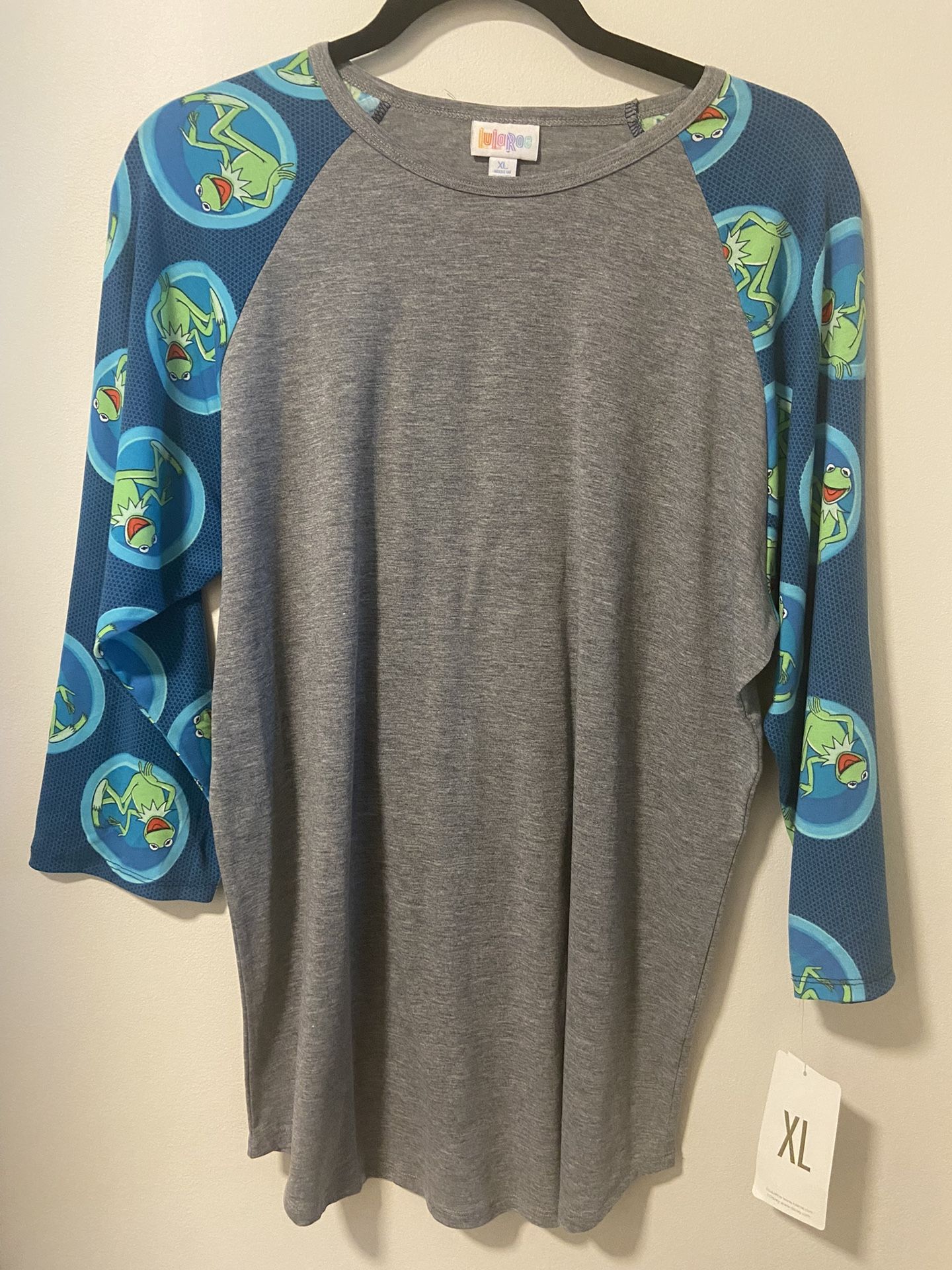 Lularoe - Disney, Randy, Heathered grey with Teal sleeves with Kermit the frog face, Size X Large