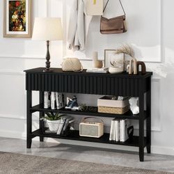 Modern Fluted Console Table, Narrow Long Behind Couch Sofa Entryway Table with 3 Drawers & 2-Tier Open Shelf, Black