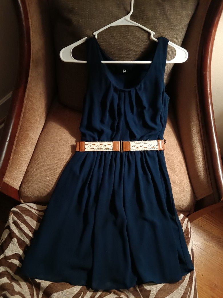 Cute Navy Blue Dress With Beige Belt 