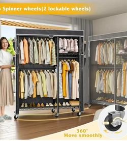(R-1-12)Raybee Rolling Clothes Rack with Cover, Clothing Racks for Hanging Clothes, Heavy Duty Portable Closet with Wheels, Garment Rack for Bedroom,