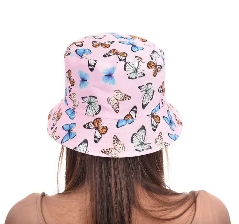 Pink Butterfly Print Double-Sided Bucket Hat