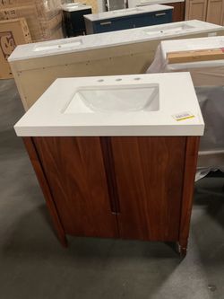 30” Brown Solid Wood Bathroom Vanity with Engineered Marble Top (V219)