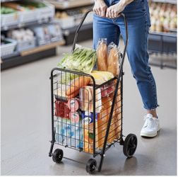 Shopping Cart, Folding Grocery Utility Cart with Swivel Wheels, Black 