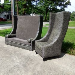 **BEAUTIFUL PASHA FURNITURE BROOKLYN TALL HIGH LEATHER CHAIR AND LOVESEAT // READ DESCRIPTION 