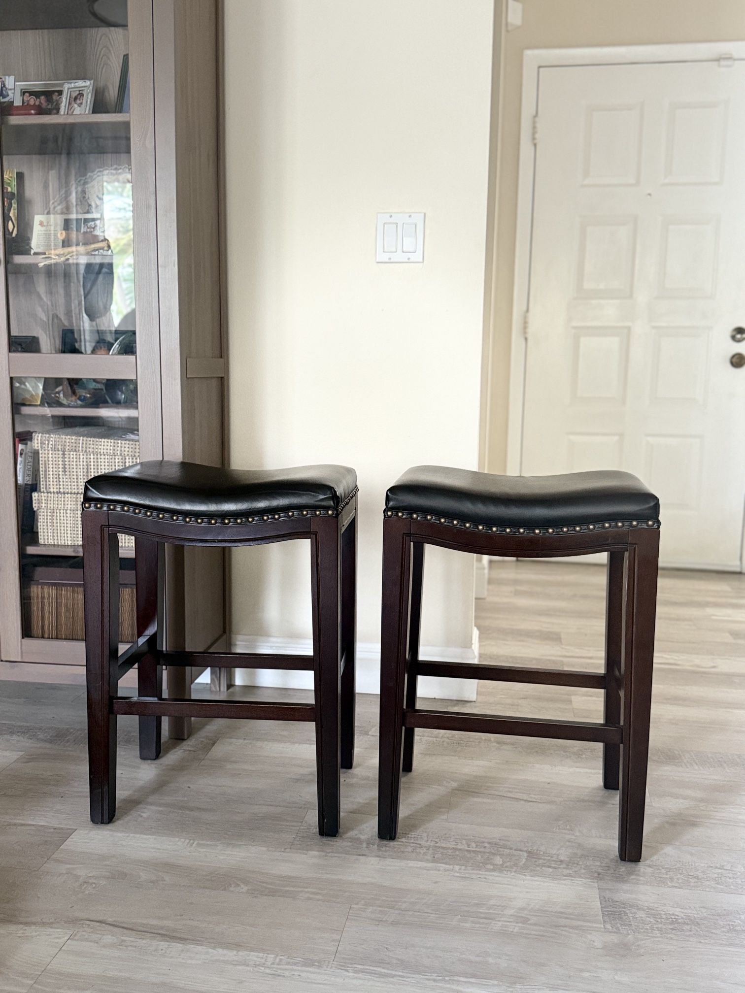 Bar Stools Set of two - Leather nailhead saddle counter height stools