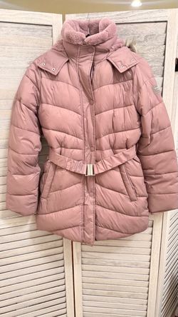 Abercrombie Kids puffer parka, girls 13/14, dusty pink, faux fur hood