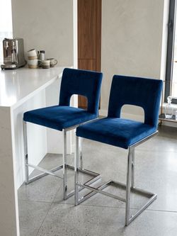 Counter Height Blue Velvet Bar Stools Set of 2 – Already Assembled