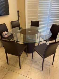 Round Glass and Leather Dining Table
