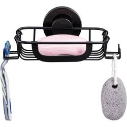 Soap Dish Bar Soap Holder Suction Cup with 4 Hooks Stainless Steel Sponge Saver Tray for Shower Wall Bathroom Kitchen Removable Rustproof Drilloff