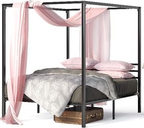 Black Metal Canopy Platform Bed Frame, Mattress Foundation with Steel Slat Support, No Box Spring Needed, Easy Assembly