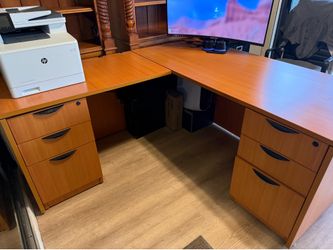 LARGE L-SHAPED OFFICE DESK WITH SIX DRAWERS