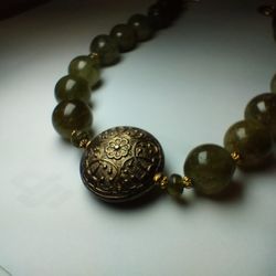 Vintage Genuine Green Jade Bead Necklace - Massive 106g - Ornate Floral Focal - 16"