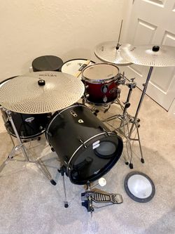  In Upland 91784. Compact drum set 18” bass 13” snare snare 10”PDP FS birch tom DDRUM Diablo 15” floor  hihat throne bass pedal new quiet cymbals & al