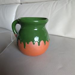 Hand Thrown Pottery Terracotta Coffee Mug Green Drip Glaze Handmade Mexico 5x4". Decorative Collectible.