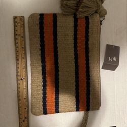 J. Jill Navy Tan Orange Stripe Boho Woven Burlap Wristlet Clutch Tassel Bag New