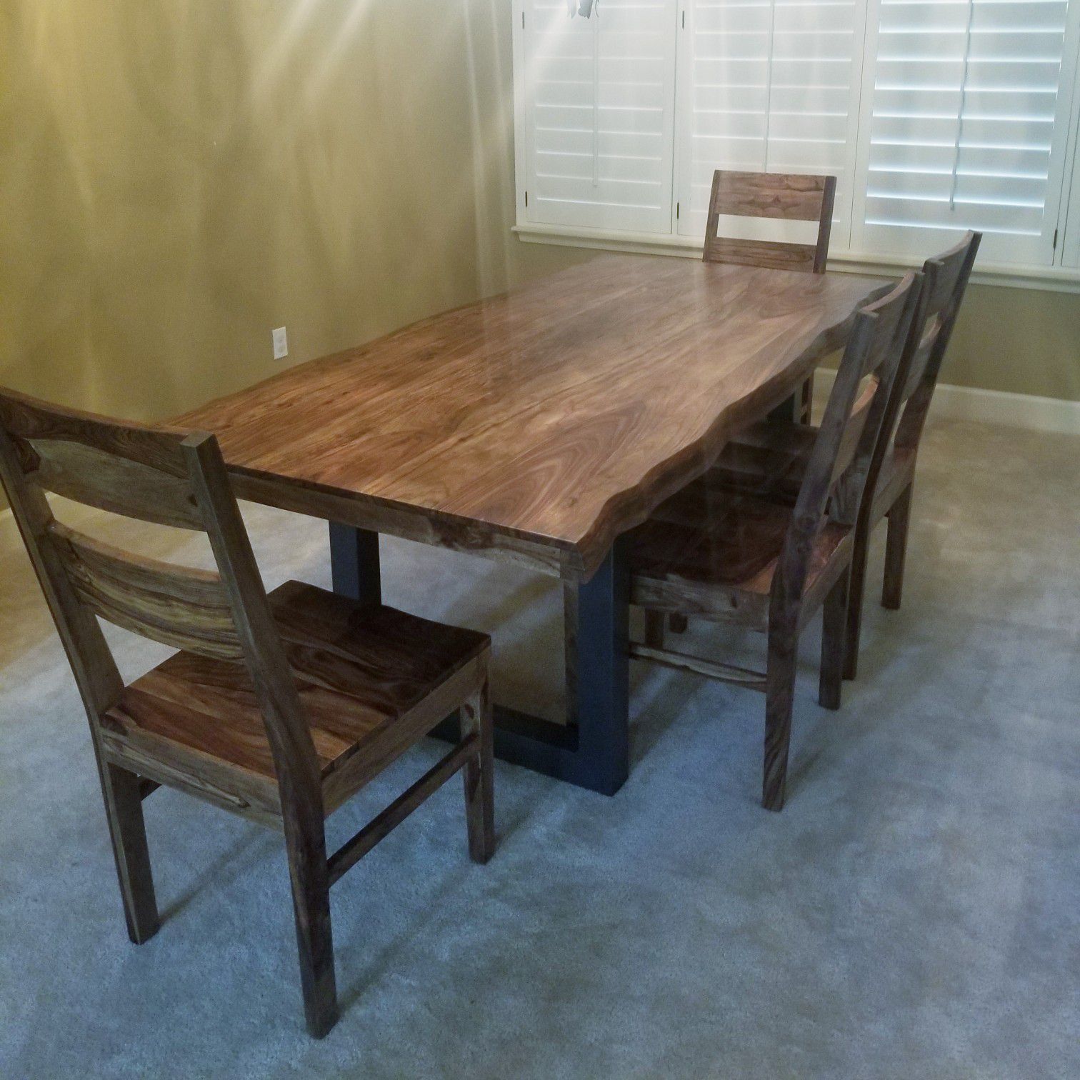 80" Solid wood & Metal base live edge dining table with bench and 4 chairs
