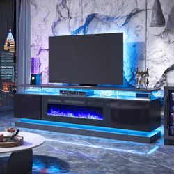 70" Modern Fireplace TV Stand for TVs up to 80", Black Entertainment Center with Black Electric Fireplace,Storage Cabinets&Adjustable LED Light, Media