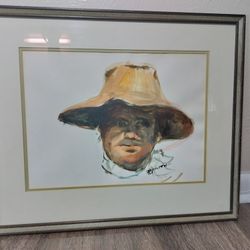 Watercolor Painting Man in Straw by Denton, Signed 