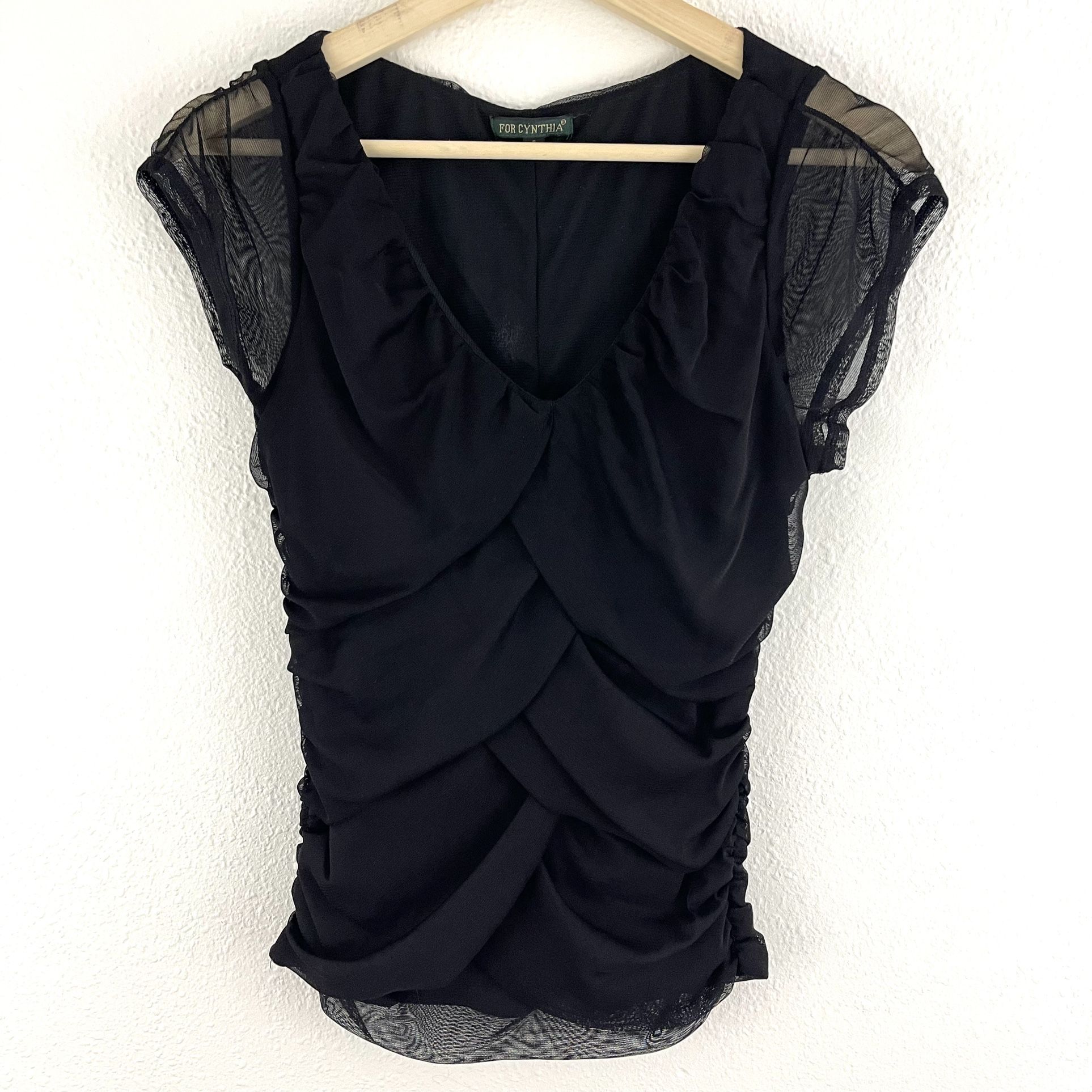 FOR CYNTHIA Vintage Grunge Edgy Black Mesh V Neck Drape Stretch Short Sleeve Top
