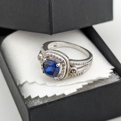 GORGEOUS JWBR  Synthetic Blue Sapphire & Diamonds 925 Silver Ring
