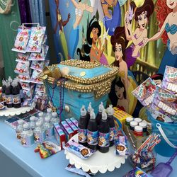 mermaid theme treat table birthday party backdrop and drapes with 60 treat items custom and 1 big prop and 1 small prop with treat stands