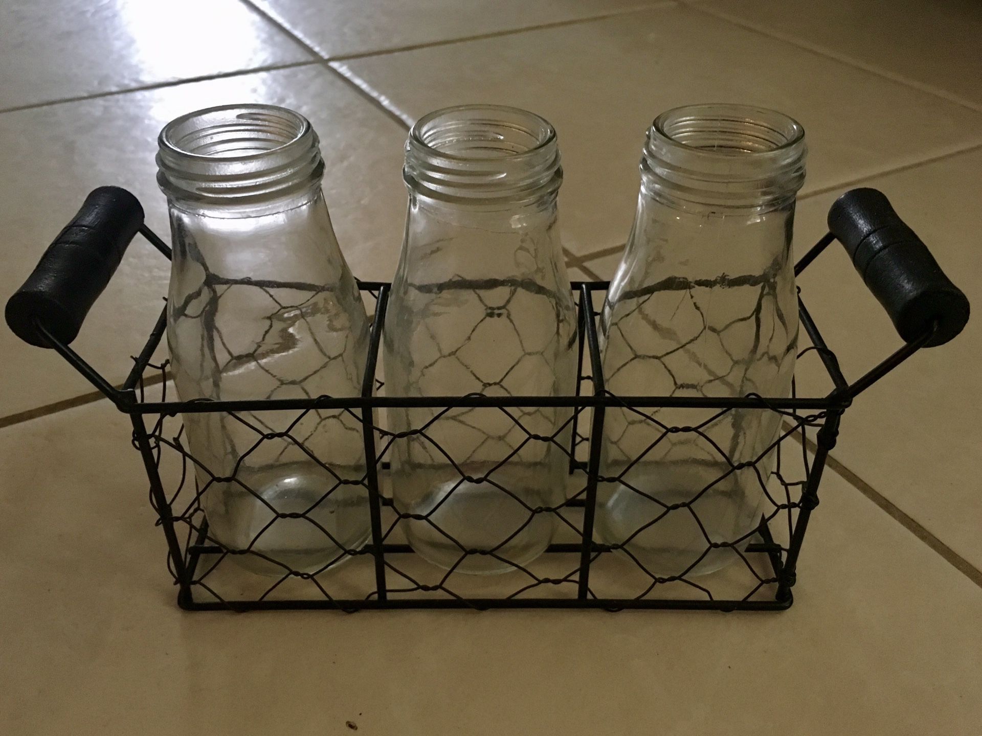 3 Milk Jar Flower Vase w/Wire Caddy- Farmhouse Decor Or Kitchen Caddy
