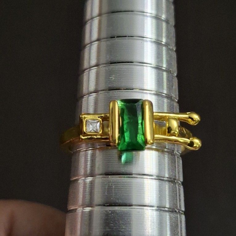 Rose Gold Plated Stainless Steel Ring With Beautiful Baguette Cut Green Stone With Cubic Zirconia Smaller Stone Size 9.5