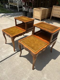 1950”s Vintage Leather and Mahogany Step Side Tables - a Pair $499 CAN DELIVER!