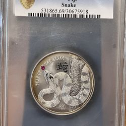 2013 Fiji S20 Year of the Snake • Proof Coin with Red Fire Ruby Gemstone • 2 oz Pure Silver (.999 Fine) • PCGS PR69 • *RARE* Population of 2