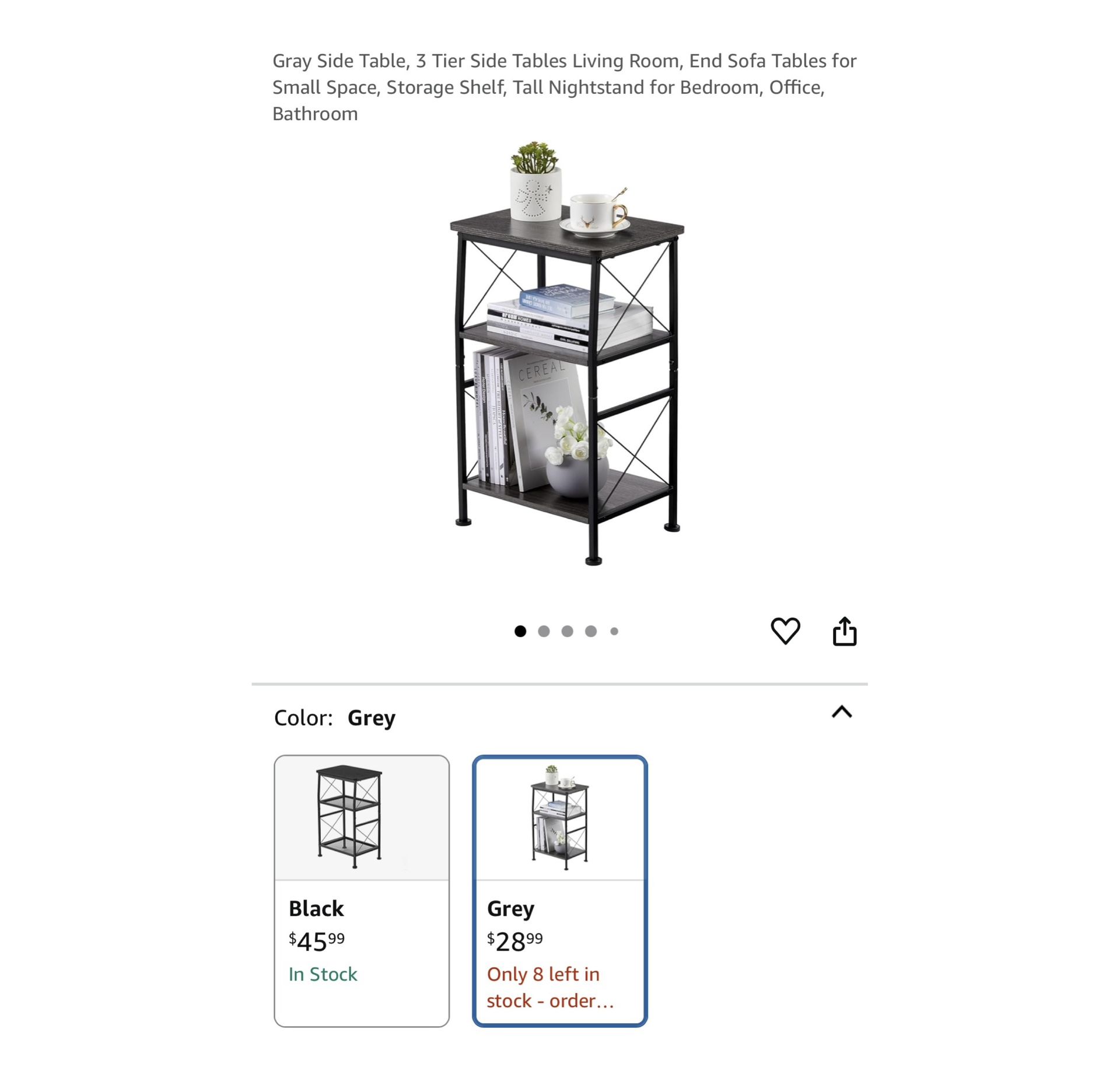 Brand new 10.63 (D) x 14.96 (W) x 24.02 (H) (inches) Gray Side Table, 3 Tier Side Tables Living Room, End Sofa Tables for Small Space, Storage Shelf,