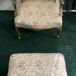 Vintage Mid Century French Louis XV Style Arm Chair And Ottoman