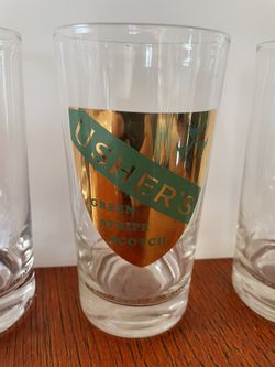 4 Vintage Ushers Green Stipe Scotch Drinking Glasses 