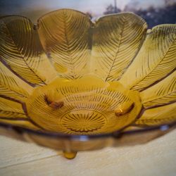 Vintage Amber Glass Footed Feather Bowl