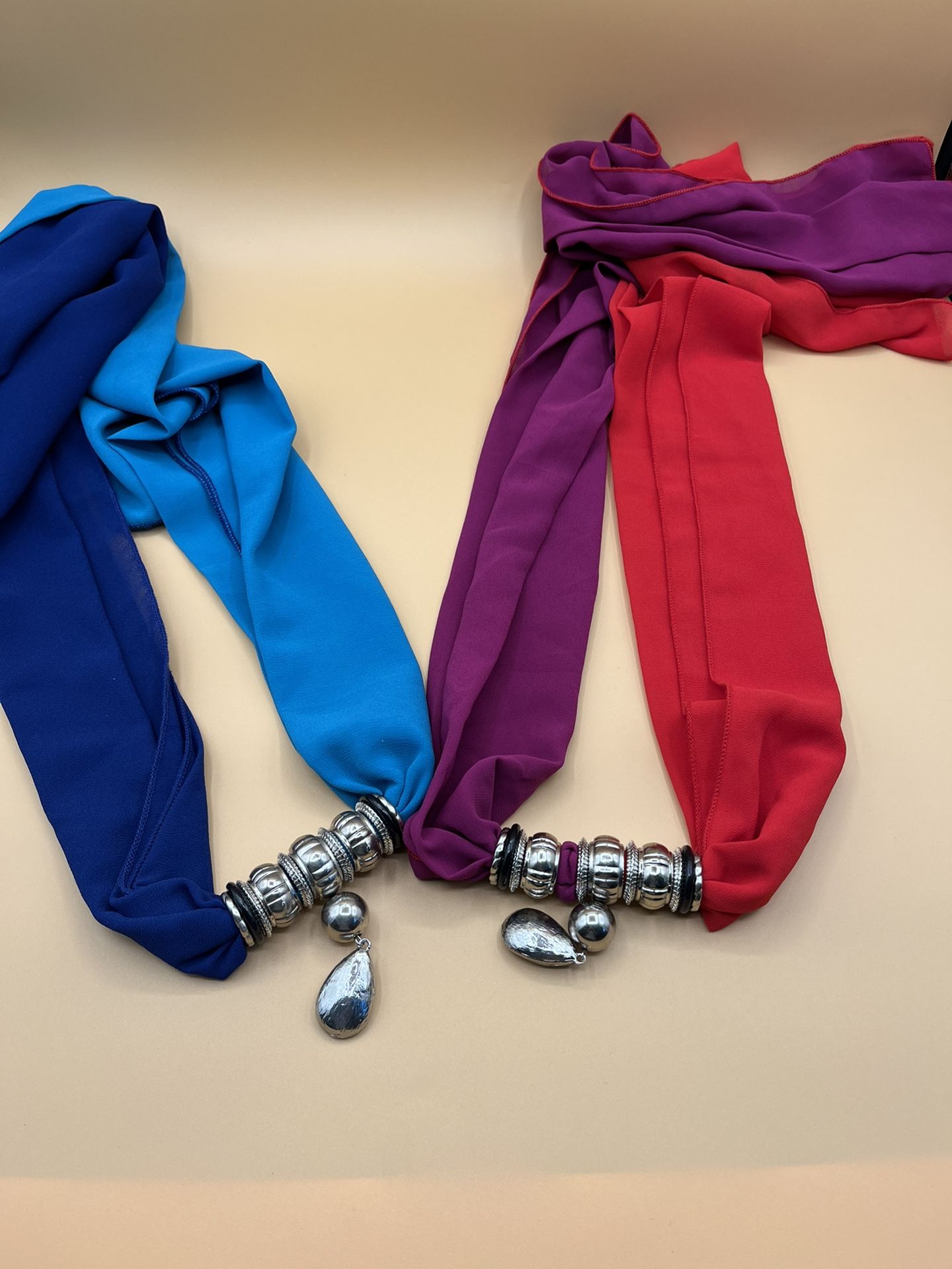 Pair Of Spring Scarves Blue And Turquoise; Red And Fuchsia With Metal Decoration