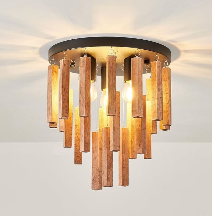 3-Light Semi Flush Mount Ceiling Light Boho Wood Light Fixture Farmhouse
