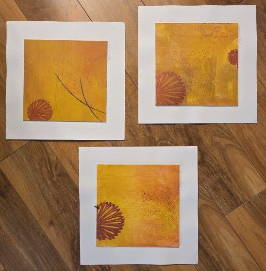 Set of 3 Abstract Floral Paintings – Warm Yellow and Orange Series