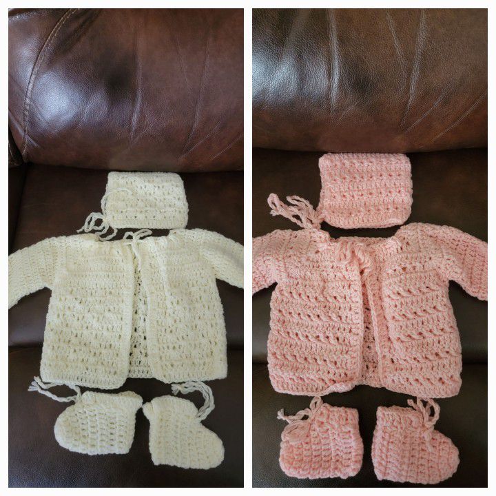 2 Sets of Handmade Crocheted Baby Sweater, Hat and Booties (Cream & Pink)