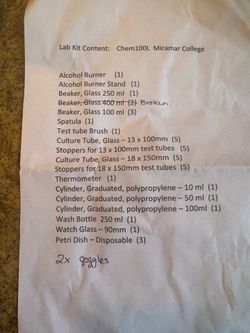 New Chem100L Miramar College Lab Kit - 1 broken item