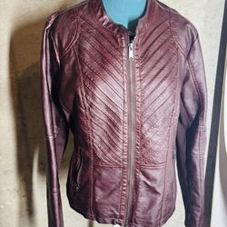 Maurice's Burgundy/Dark Purple Moto Jacket Large Faux Leather Stretch Biker