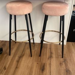 Set of 2 Modern Round Pink Velvet Bar Stools — 31” Counter Height