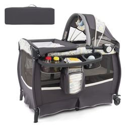 Pack and Play, 4 in 1 Portable Baby Crib w/Bassinet, Changing Table, Canopy, Mattress, Music Box, Storage Bag, Foldable Pack and Play Nursery Center 