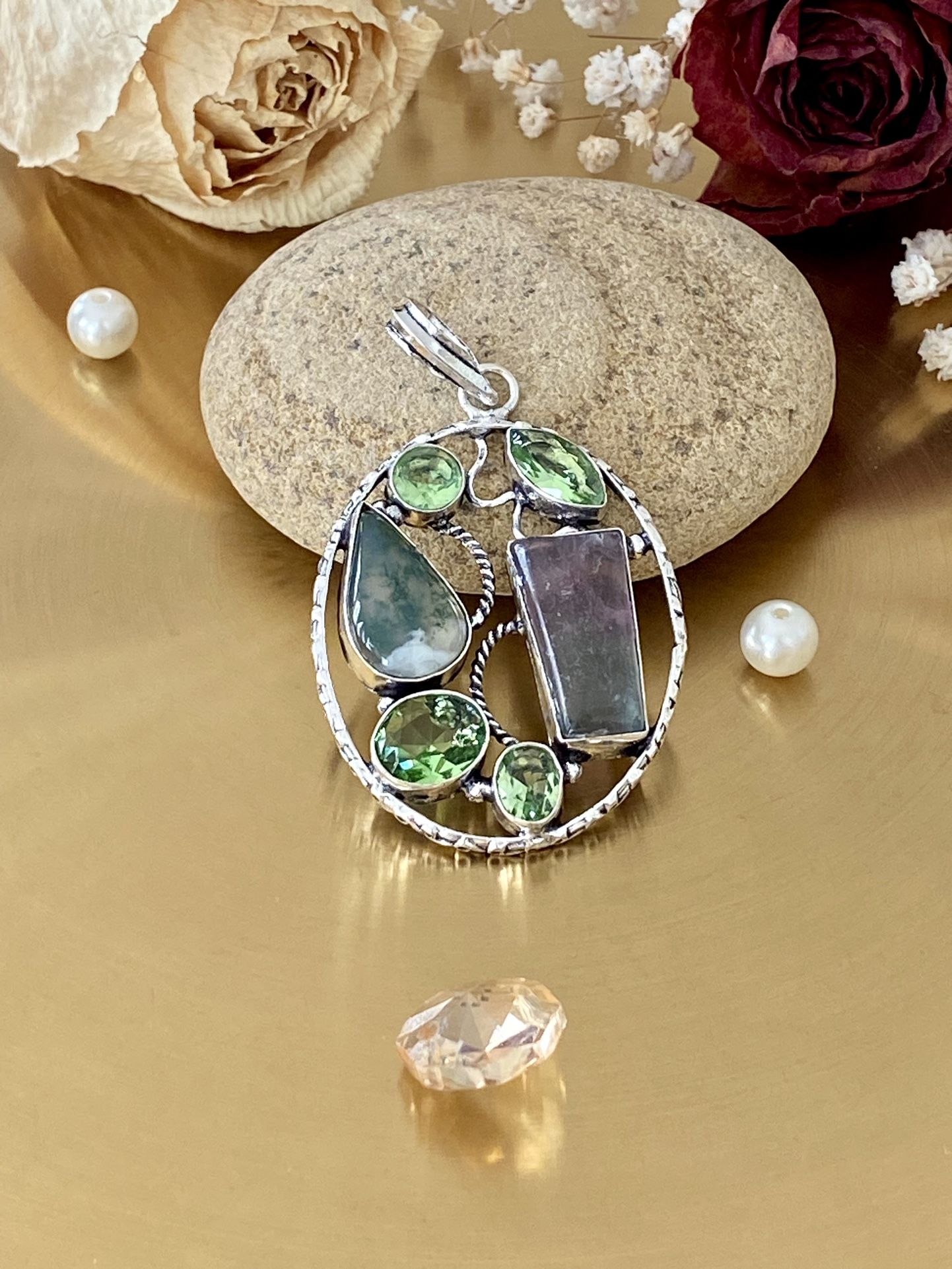 Flourite, Moss Prehnite And Peridot 925 Sterling Silver Overlay Handcrafted Pendant