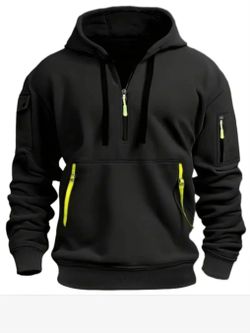 Men's black hooded sweatshirt, half zip. Multiple sizes.